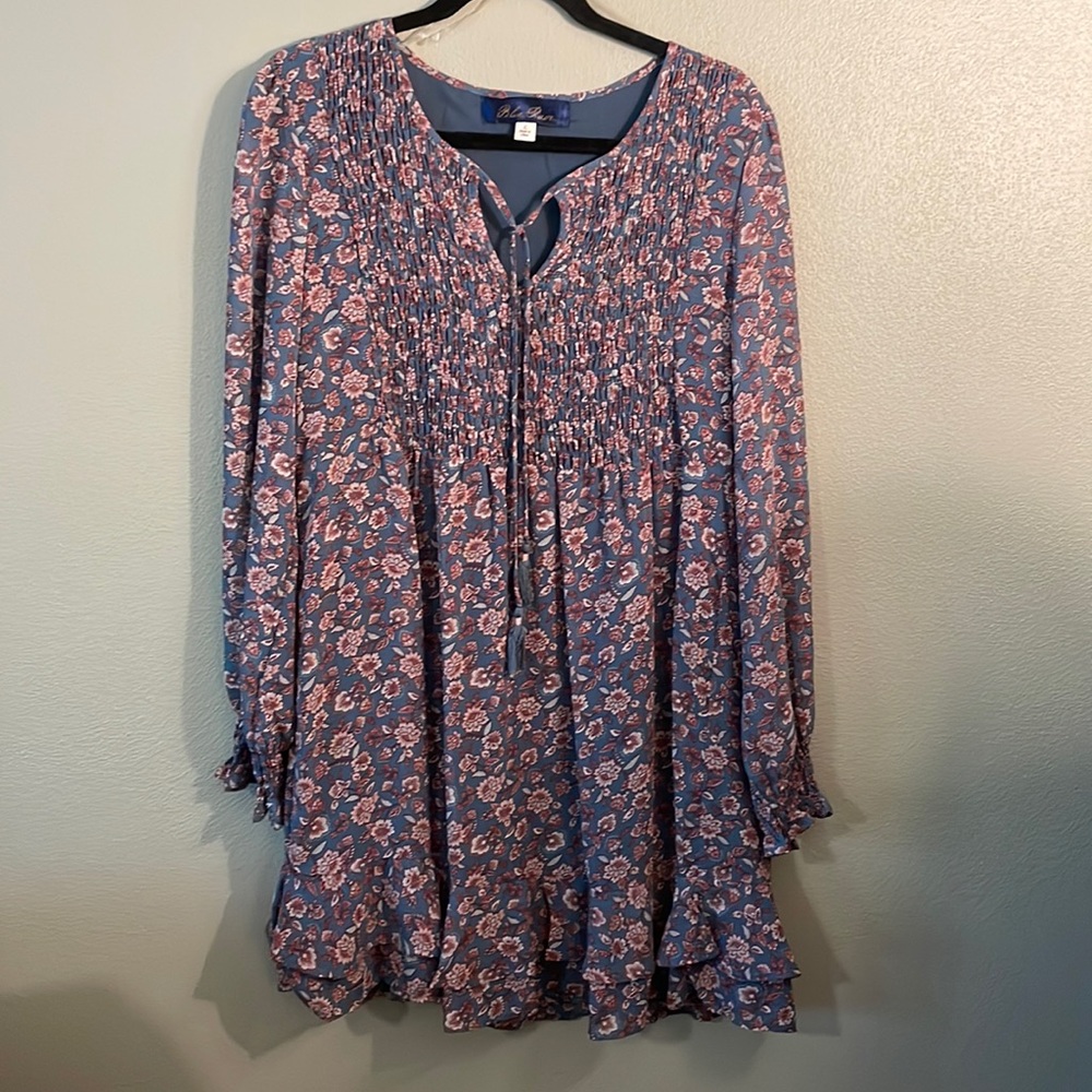 Blue Flair Bohemian style shirt dress with smocked top Size L